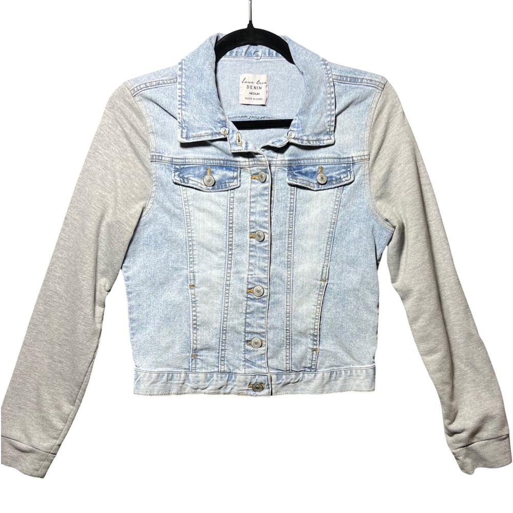 Love Tree Denim Jacket Light Wash Mixed Media Gray Jersey Sleeves Medium